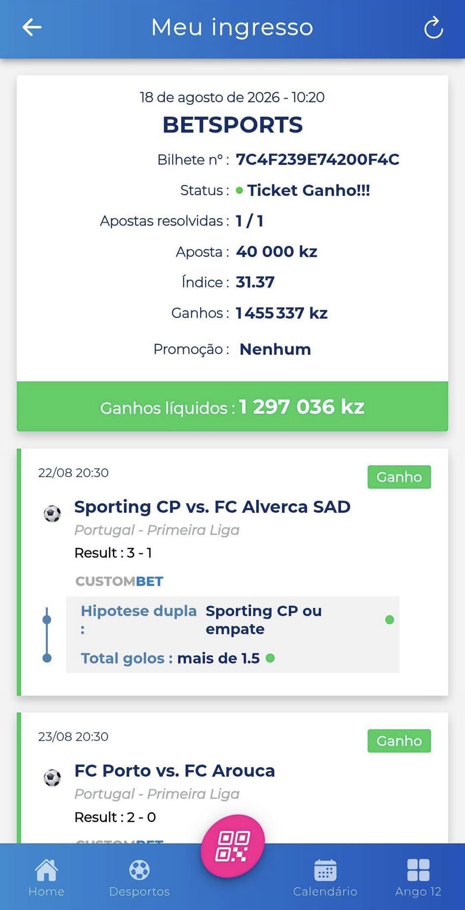 Bilhete da IA ganho